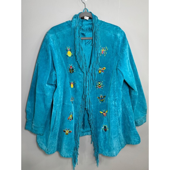 Bob Mackie Wearable Art Jackets & Blazers - Bob Mackie Wearable Art Turquoise Leather Fringe Insect Embroidered Jacket 2X